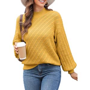 image:imageDokotoo Womens Fall Sweaters 2024 Fashion Cable Knit Mock Neck Lantern Sleeve Casual Loose Pullover Tops