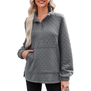 image:imageDokotoo Womens Fashion Half Zip Pullover Casual Quilted Pattern Long Sleeve Oversized Sweatshirts with PocketsLight Grey