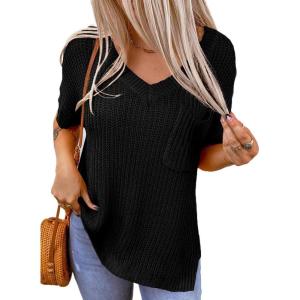 image:imageDokotoo Womens Fashion Spring Summer Tops Basic Loose Short Sleeve Side Slit Ribbed Knit Top Casual Sweaters with PocketBlack