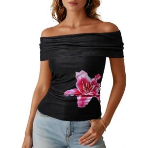 image:imageDokotoo Womens Off Shoulder Printed Mesh Top Ruched Slim Fit BlouseBlack Big Floral