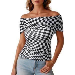 image:imageDokotoo Womens Off Shoulder Printed Mesh Top Ruched Slim Fit BlouseBlack and White Plaid