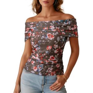 image:imageDokotoo Womens Off Shoulder Printed Mesh Top Ruched Slim Fit BlouseBrown Floral