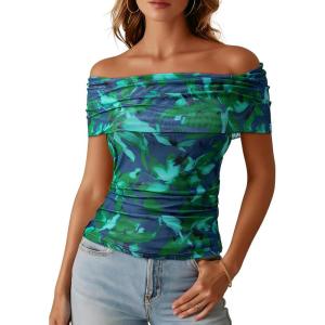 image:imageDokotoo Womens Off Shoulder Printed Mesh Top Ruched Slim Fit BlouseLake Blue Floral