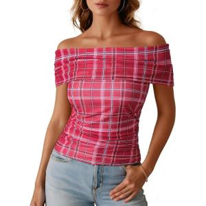 image:imageDokotoo Womens Off Shoulder Printed Mesh Top Ruched Slim Fit BlouseRed Plaid