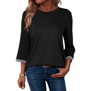 image:imageDokotoo Womens Shirts Lightweight 2026 Summer Fashion 34 Length Sleeve T Shirts Casual Crew Neck Basic BlousesBlack