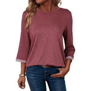 image:imageDokotoo Womens Shirts Lightweight 2026 Summer Fashion 34 Length Sleeve T Shirts Casual Crew Neck Basic BlousesBurgundy