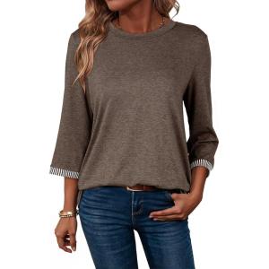 image:imageDokotoo Womens Shirts Lightweight 2026 Summer Fashion 34 Length Sleeve T Shirts Casual Crew Neck Basic BlousesDark Brown