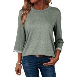 image:imageDokotoo Womens Shirts Lightweight 2026 Summer Fashion 34 Length Sleeve T Shirts Casual Crew Neck Basic BlousesGrass Green