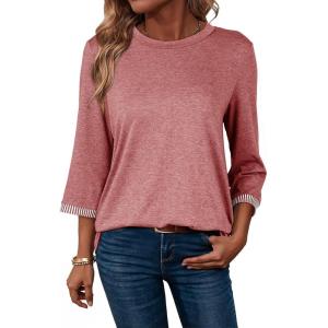 image:imageDokotoo Womens Shirts Lightweight 2026 Summer Fashion 34 Length Sleeve T Shirts Casual Crew Neck Basic BlousesPeach Blossom