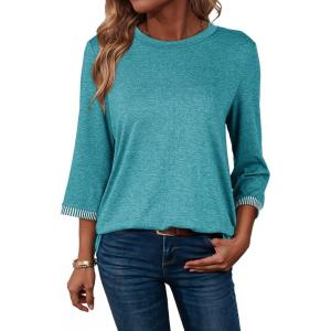 image:imageDokotoo Womens Shirts Lightweight 2026 Summer Fashion 34 Length Sleeve T Shirts Casual Crew Neck Basic BlousesTurquoise