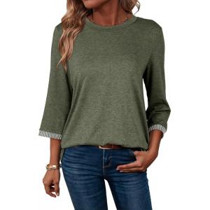 image:imageDokotoo Womens Shirts Lightweight 2026 Summer Fashion 34 Length Sleeve T Shirts Casual Crew Neck Basic BlousesVineyard Green