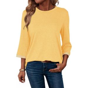 image:imageDokotoo Womens Shirts Lightweight 2026 Summer Fashion 34 Length Sleeve T Shirts Casual Crew Neck Basic BlousesYellow