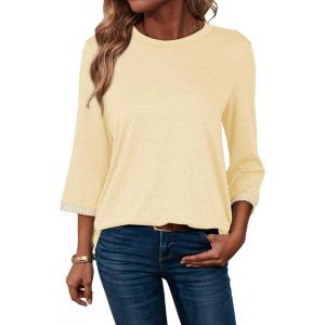 image:imageDokotoo Womens Shirts Lightweight 2026 Summer Fashion 34 Length Sleeve T Shirts Casual Crew Neck Basic BlousesYellow Cream