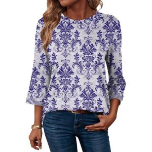 image:imageDokotoo Womens Shirts Lightweight 2026 Summer Fashion 34 Length Sleeve T Shirts Casual Crew Neck Basic BlousesZ Blue