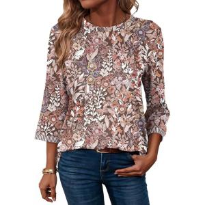 image:imageDokotoo Womens Shirts Lightweight 2026 Summer Fashion 34 Length Sleeve T Shirts Casual Crew Neck Basic BlousesZ Brown