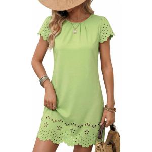 image:imageDokotoo Womens Summer Dresses 2026 Short Sleeve Hollow Out Crewneck Pleated Front Casual Elegant Mini DressGreen