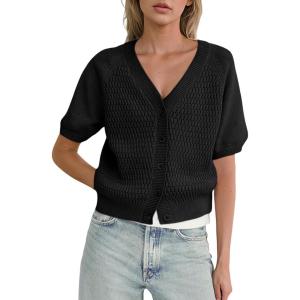 image:imageDokotoo Womens Summer Tops 2024 Trendy V Neck Hollow Out Cropped Button Down Shirts Puff Sleeves Blouses