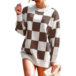 image:imageDokotoo Womens Sweater Dress Crewneck Casual Checkered Long Sleeve Cable Knit Pullover SweatersBrown
