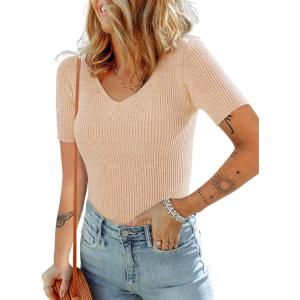 image:imageDokotoo Womens Tops 2024 Summer Short Sleeve Slim Fit V Neck Ribbed Knit Basic Solid Color T Shirts TeesA Apricot