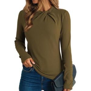 image:imageDokotoo Womens Tops Business Casual Outfits Long Sleeve Shirts Mock Neck Twist Knot Slim Fit Soft Stretch Tees BlousesArmy Green