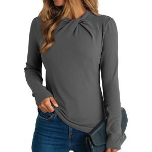 image:imageDokotoo Womens Tops Business Casual Outfits Long Sleeve Shirts Mock Neck Twist Knot Slim Fit Soft Stretch Tees BlousesGrey