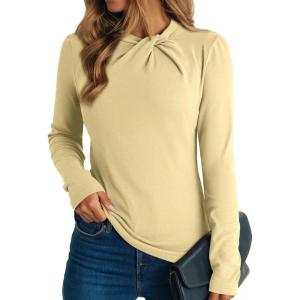 image:imageDokotoo Womens Tops Business Casual Outfits Long Sleeve Shirts Mock Neck Twist Knot Slim Fit Soft Stretch Tees BlousesYellow