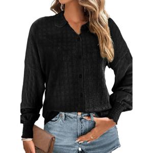image:imageDokotoo Womens Tops Oversized Textured Button Down Shirts Smocked Long Sleeve V Neck Casual Loose Blouses