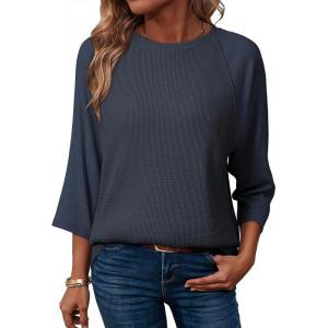 image:imageDokotoo Womens Tops Spring Summer 34 Length Sleeve Fashion T Shirts for Women Crewneck Waffle Knit Casual Loose Tee BlousesDark Blue