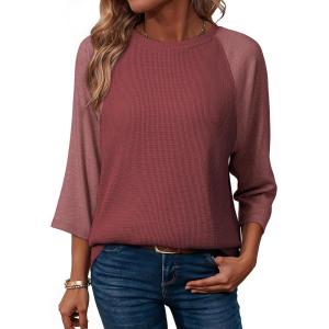 image:imageDokotoo Womens Tops Spring Summer 34 Length Sleeve Fashion T Shirts for Women Crewneck Waffle Knit Casual Loose Tee BlousesRed