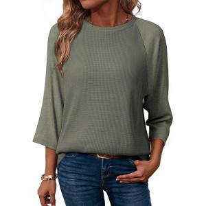 image:imageDokotoo Womens Tops Spring Summer 34 Length Sleeve Fashion T Shirts for Women Crewneck Waffle Knit Casual Loose Tee BlousesSeagrass Green
