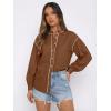 image:imageDokotoo Button Down Shirts for Women Lantern Long Sleeve Blouse Contrast Trim Dressy Casual Tops OutfitsBrown