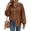 image:imageDokotoo Button Down Shirts for Women Lantern Long Sleeve Blouse Contrast Trim Dressy Casual Tops OutfitsBrown