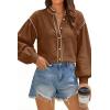 image:imageDokotoo Button Down Shirts for Women Lantern Long Sleeve Blouse Contrast Trim Dressy Casual Tops OutfitsBrown