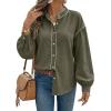 image:imageDokotoo Button Down Shirts for Women Lantern Long Sleeve Blouse Contrast Trim Dressy Casual Tops OutfitsGreen