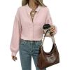 image:imageDokotoo Button Down Shirts for Women Lantern Long Sleeve Blouse Contrast Trim Dressy Casual Tops OutfitsRose