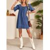 image:imageDokotoo Lightweight Flowy Denim Dress for Women 2026 Square Neck Short Sleeve Dresses Tie Knot Front Cotton Jean DressDark Blue