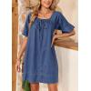 image:imageDokotoo Lightweight Flowy Denim Dress for Women 2026 Square Neck Short Sleeve Dresses Tie Knot Front Cotton Jean DressDark Blue