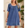 image:imageDokotoo Lightweight Flowy Denim Dress for Women 2026 Square Neck Short Sleeve Dresses Tie Knot Front Cotton Jean DressDark Blue