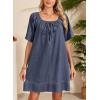 image:imageDokotoo Lightweight Flowy Denim Dress for Women 2026 Square Neck Short Sleeve Dresses Tie Knot Front Cotton Jean DressDirty Blue