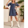 image:imageDokotoo Lightweight Flowy Denim Dress for Women 2026 Square Neck Short Sleeve Dresses Tie Knot Front Cotton Jean DressDirty Blue