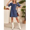 image:imageDokotoo Lightweight Flowy Denim Dress for Women 2026 Square Neck Short Sleeve Dresses Tie Knot Front Cotton Jean DressNavy Blue