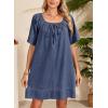 image:imageDokotoo Lightweight Flowy Denim Dress for Women 2026 Square Neck Short Sleeve Dresses Tie Knot Front Cotton Jean DressNavy Blue