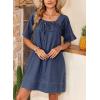 image:imageDokotoo Lightweight Flowy Denim Dress for Women 2026 Square Neck Short Sleeve Dresses Tie Knot Front Cotton Jean DressNavy Blue