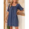 image:imageDokotoo Lightweight Flowy Denim Dress for Women 2026 Square Neck Short Sleeve Dresses Tie Knot Front Cotton Jean DressNavy Blue