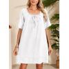 image:imageDokotoo Lightweight Flowy Denim Dress for Women 2026 Square Neck Short Sleeve Dresses Tie Knot Front Cotton Jean DressWhite