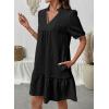 image:imageDokotoo Summer Dresses for Women Casual V Neck Puff Short Sleeve Ruffled Solid Cute Babydoll Mini Dress with PocketsBlack