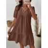 image:imageDokotoo Summer Dresses for Women Casual V Neck Puff Short Sleeve Ruffled Solid Cute Babydoll Mini Dress with PocketsBrown