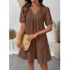 image:imageDokotoo Summer Dresses for Women Casual V Neck Puff Short Sleeve Ruffled Solid Cute Babydoll Mini Dress with PocketsBrown