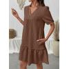image:imageDokotoo Summer Dresses for Women Casual V Neck Puff Short Sleeve Ruffled Solid Cute Babydoll Mini Dress with PocketsBrown