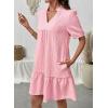 image:imageDokotoo Summer Dresses for Women Casual V Neck Puff Short Sleeve Ruffled Solid Cute Babydoll Mini Dress with PocketsPink